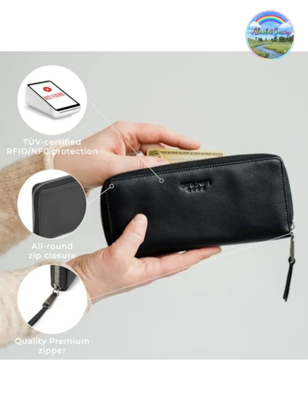 Genuine Leather Zip Wallet RFID Blocking Large Capacity Card Holder